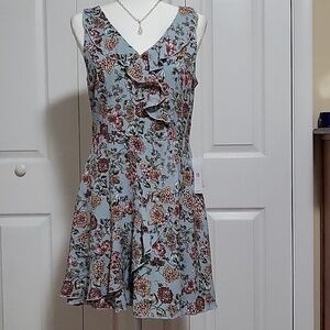 Teeze Me Ruffled Neck Faux Wrap Fully Lined Floral Back Zip Dress - Size 7